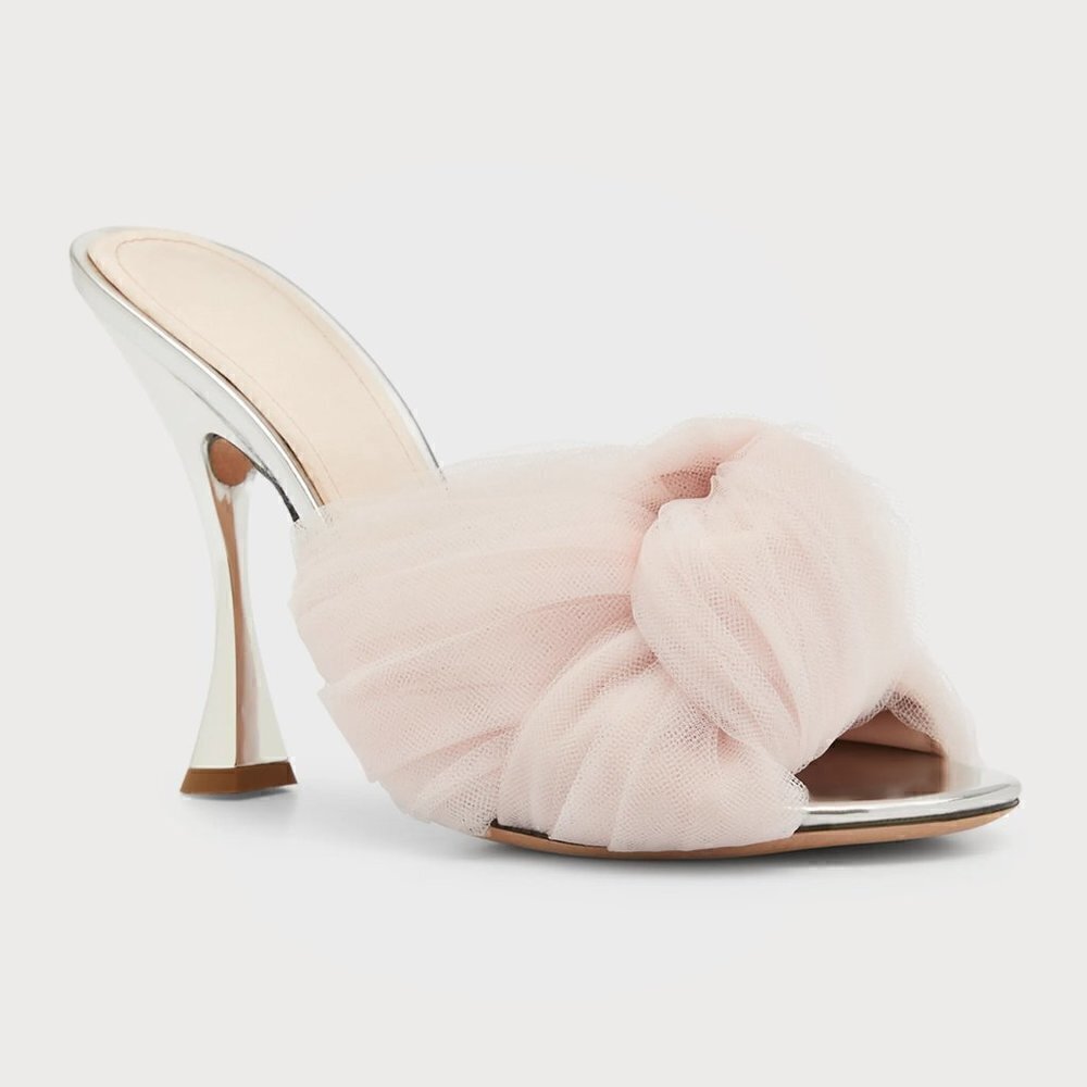 New Giambattista Valli 110mm Maxi Bow Tulle Mirror Quartz Rose Mule Sandals 9 US